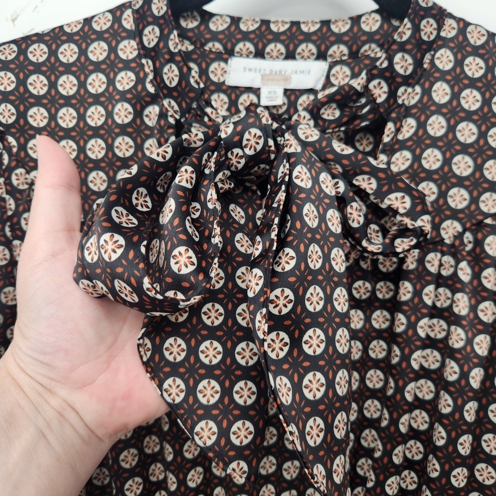 Sweet Baby Jamie Brown Black Geo Midi Dress Dark Academia Professor Tie Neck XS - Picture 4 of 10